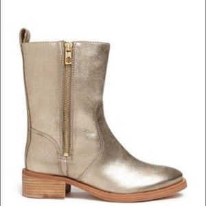 TORY BURCH Halle Gold Distressed Leather Ankle Booties Size 11